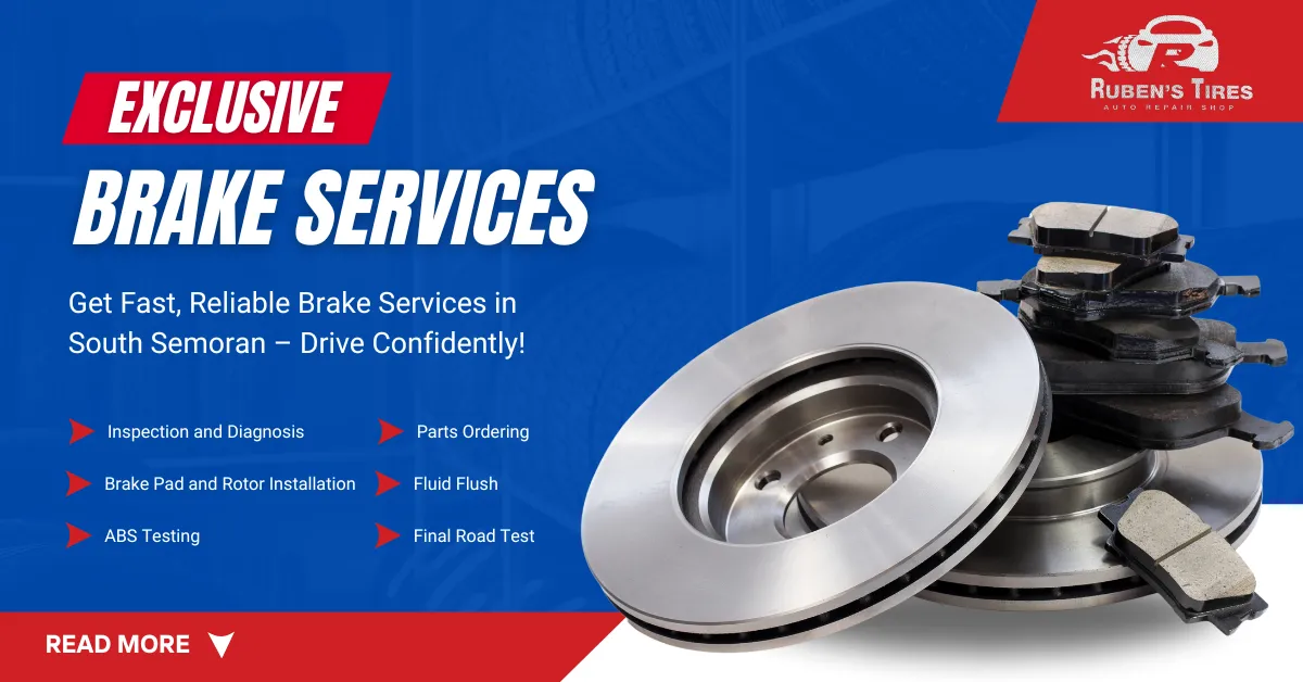 Brake rotors and pads displayed to highlight exclusive brake services offered by Ruben's Tires in South Semoran, including inspection, installation, ABS testing, and fluid flush.