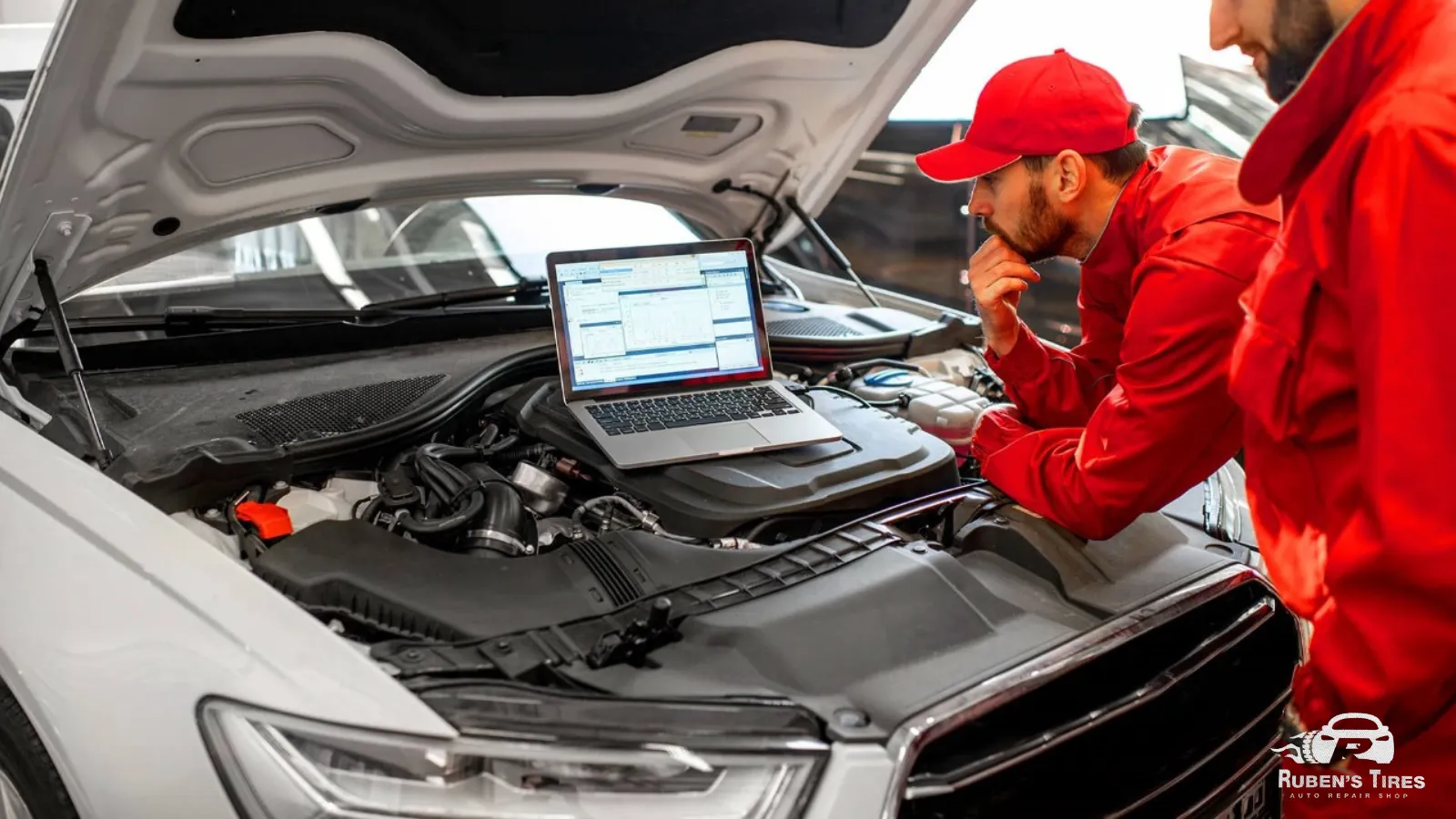 A laptop displaying diagnostic results for an engine at Ruben's Tires in South Semoran.